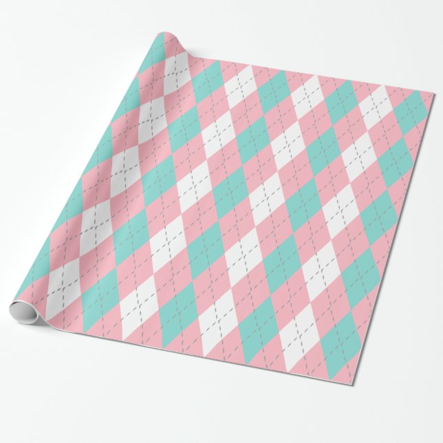 Papel De Presente Turquesa Água Rosa Cinza Escuro Branco XL Argyle (Desenrolado)