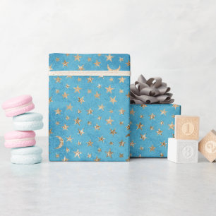 Papel De Presente Turquesa Azul Estrelas e Luas Douradas