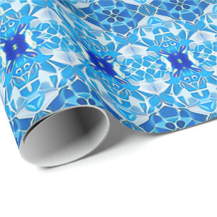Papel De Presente Turquesa, Cinza e Padrão de Azulejo Azul Cobalto