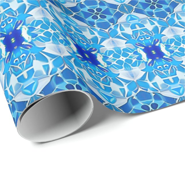Papel De Presente Turquesa, Cinza e Padrão de Azulejo Azul Cobalto (Ponta do rolo)