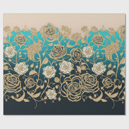 Papel De Presente Turquesa Dourada e branca Flores e Preto