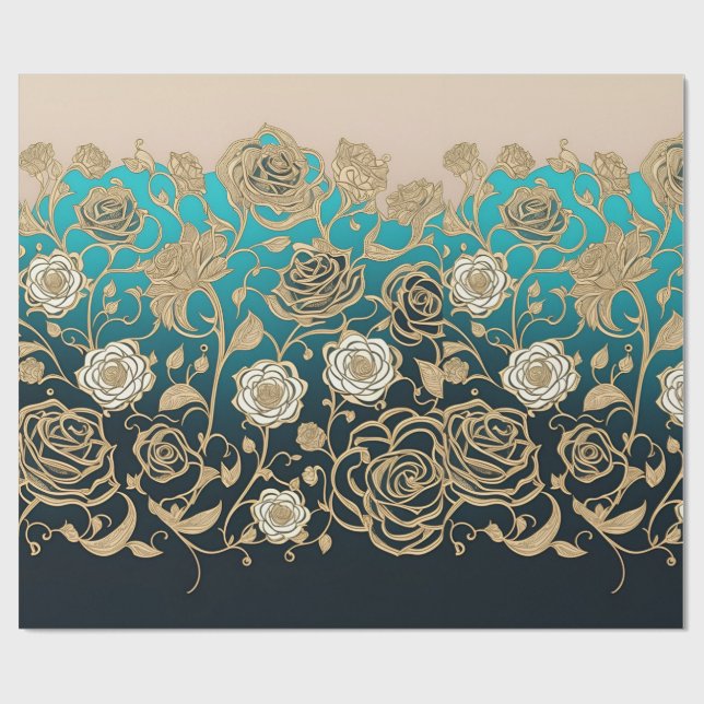 Papel De Presente Turquesa Dourada e branca Flores e Preto (Aberto)