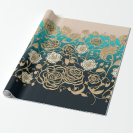 Papel De Presente Turquesa Dourada e branca Flores e Preto
