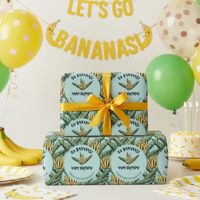Papel De Presente Turquesa Exótica Vai Bananas Feliz Aniversário Sel (Fun Go Bananas Birthday Party Wrapping Paper. Yellow Bananas, Banana Leaves Happy Birthday Gift Wrap)
