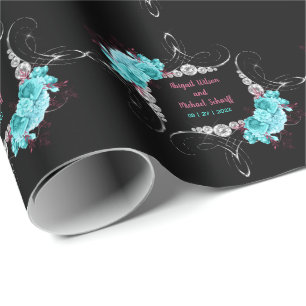 Papel De Presente Turquesa Floral e Elegante Rhinestone Bege-Rosa
