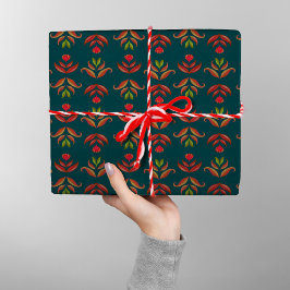 Papel De Presente Turquesa Folk Art Floral Cozy e Natal Russo