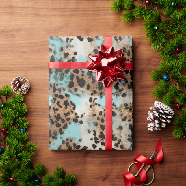 Papel De Presente Turquesa Leopardo Negro Dourado (Presente de Natal)
