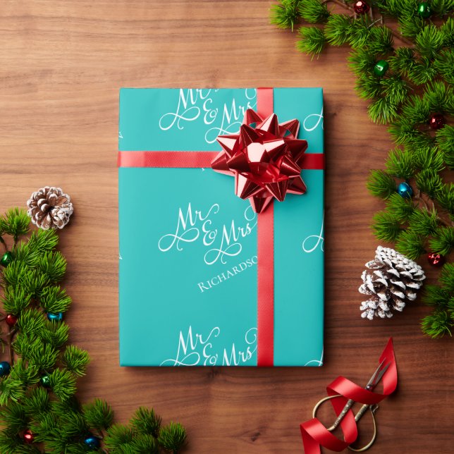 Papel De Presente Turquesa Personalizado Senhor e Senhora (Presente de Natal)