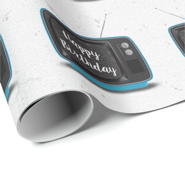 Papel De Presente Turquoise Retro TV Aniversário (Ponta do rolo)