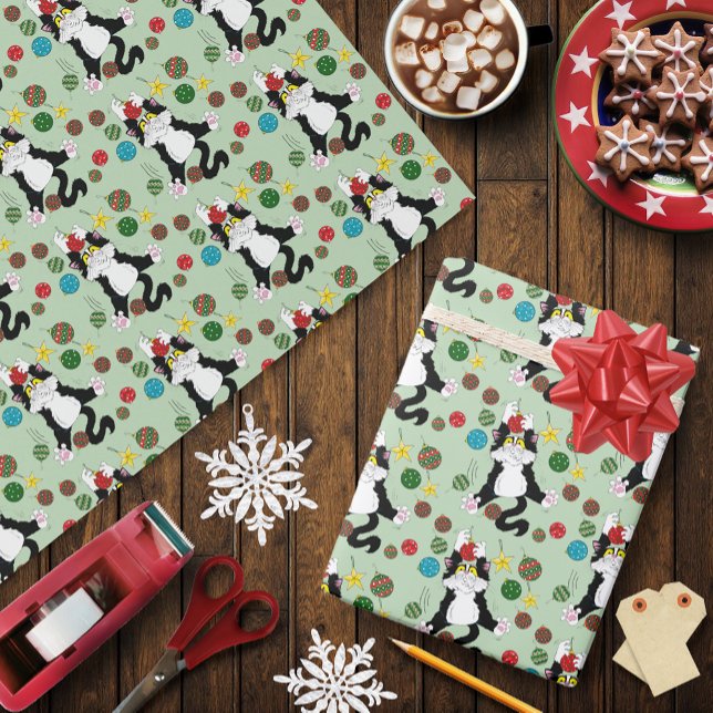 Papel De Presente Tuxedo Black White Christmas Cat (Criador carregado)