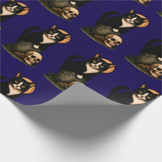 Papel De Presente Tuxedo Cat and Skull Cute Gothic Graveyard Design