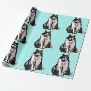 Papel De Presente Tuxedo Cat Black and White Cats Aqua Turquoise