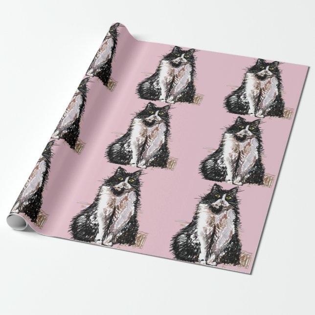 Papel De Presente Tuxedo Cat Black and White Cats Baby Pink (Desenrolado)