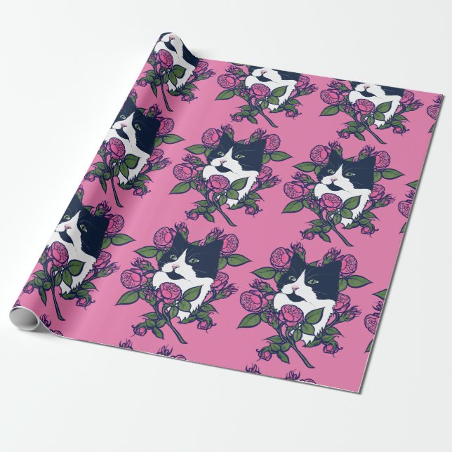 Papel De Presente Tuxedo Cat Peony Floral Art Tuxie Cats (Desenrolado)