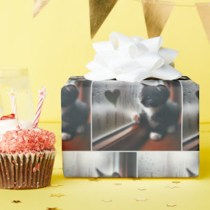 Papel De Presente Tuxedo Kitten com coração de janela