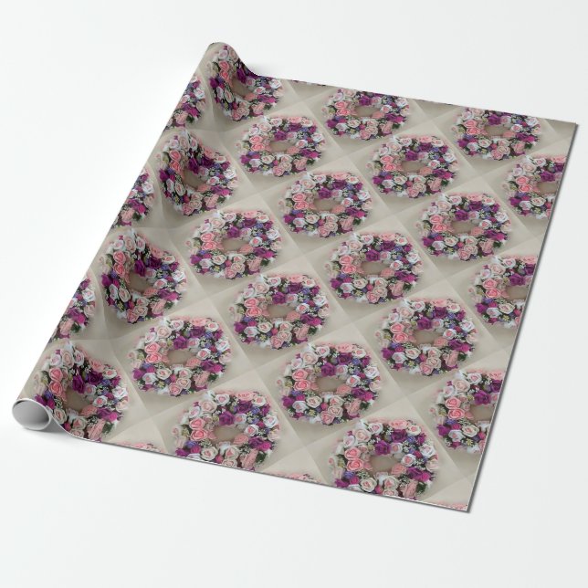 Papel De Presente Um Círculo de Pintin Acrílico de Rosas Rosa e Púrp (Desenrolado)