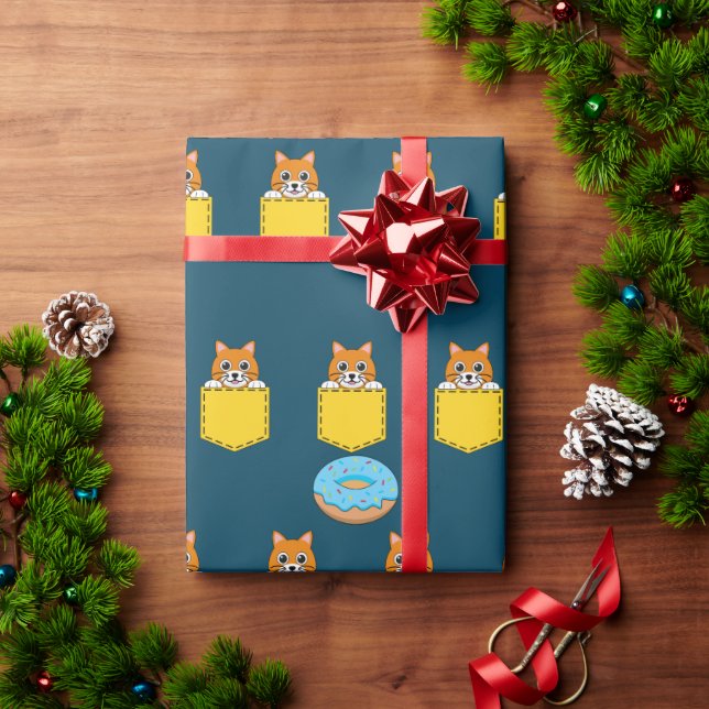 Papel De Presente Um Gato Espiando e um Donut Azul (Presente de Natal)