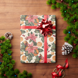 Papel De Presente Um Padrão Com Poinsettias E Laranjas