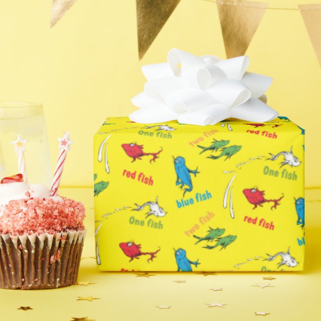 Papel De Presente Um Peixe Dois Peixes Padrão Amarelo (Festa de aniversário)