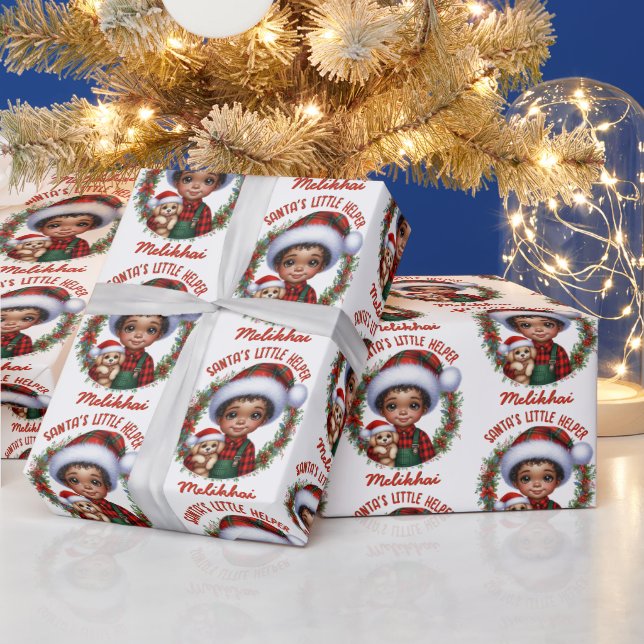 Papel De Presente Um rapaz afro-americano bonito com o Natal da Pupp (Feriados)