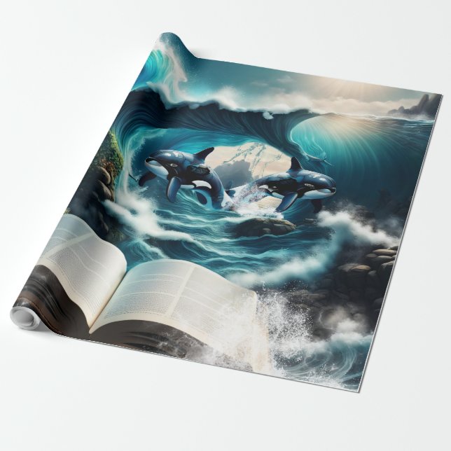 Papel De Presente Uma Orca Nadadora na onda. (Desenrolado)
