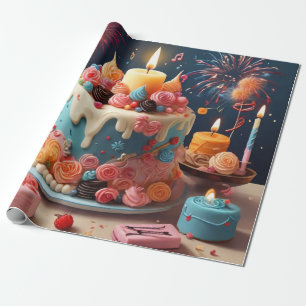 Papel De Presente Uma Vela de Bolo Rosa Rosa De Aniversário De Qualq