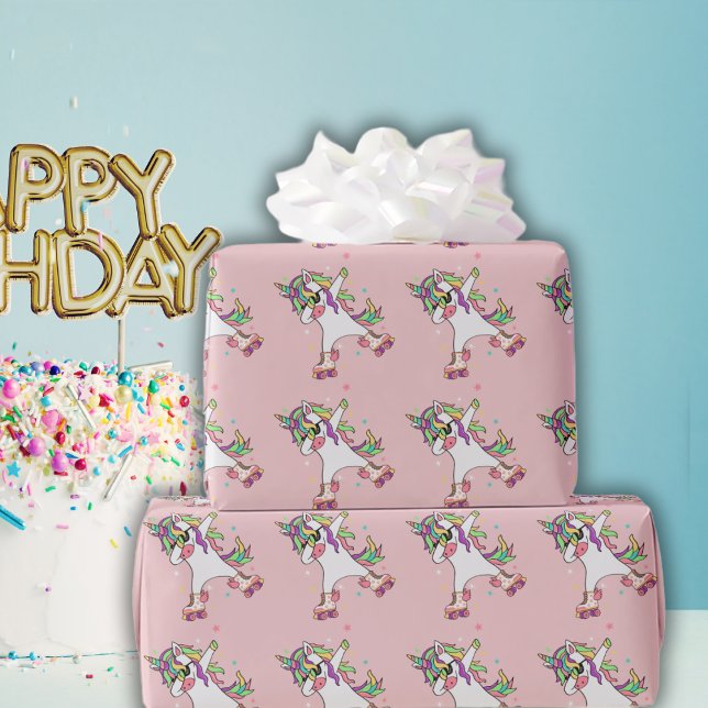 Papel De Presente Unicorn Dabbing Roller Sking Aniversário (Criador carregado)