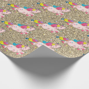 Papel De Presente Unicorn Kawaii Rainbow Glitter Metálico Dourado