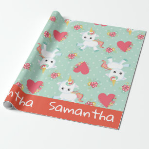 Papel De Presente Unicorn Mint Green Red Hearts Colorful Personalize
