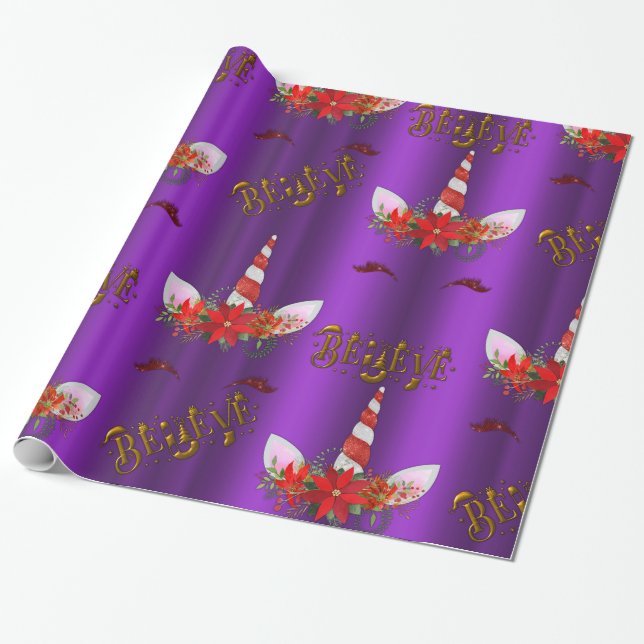 Papel De Presente Unicorn Natal Acredita Roxo (Desenrolado)