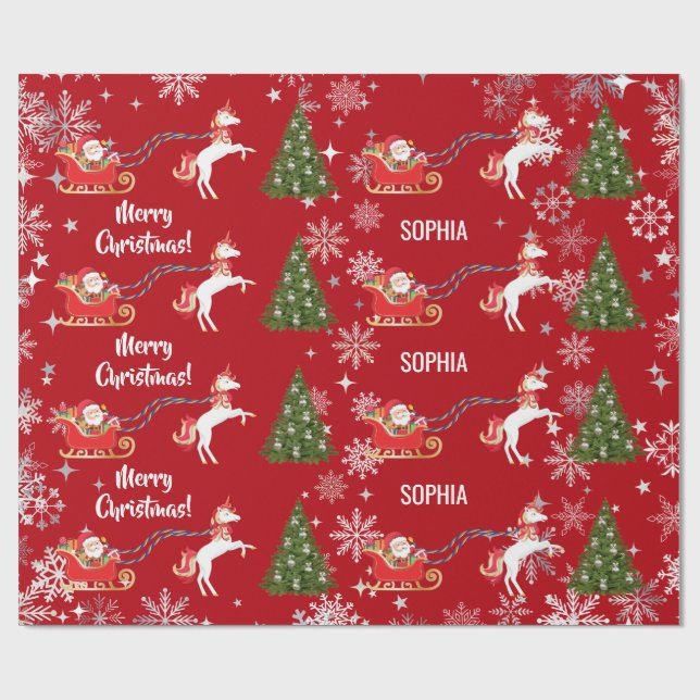 Papel De Presente Unicorn Pulling Santa's Sleigh Snow Personalized  (Aberto)