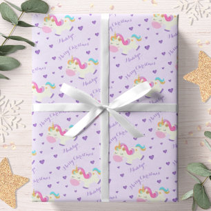 Papel De Presente Unicórnio Arco-íris Roxo Natal Personalizado