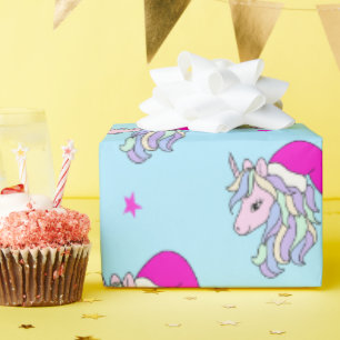 Papel De Presente Unicórnio de Natal, azul-claro em Santa Hat