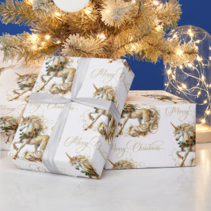 Papel De Presente Unicórnio de Natal Branco e Dourado Elegante