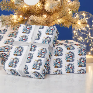 Papel De Presente Unicórnio de Natal em azulejos festivos