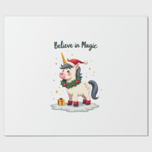 Papel De Presente Unicórnio Festivo Acredite na Magia vestindo um Na