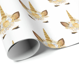 Papel De Presente Unicórnio floral Dourado
