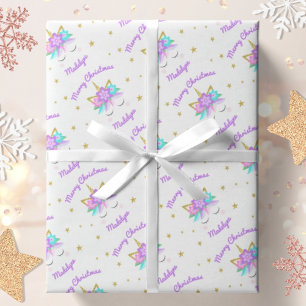 Papel De Presente Unicórnio Flores Purple Cute Personalizado Natal
