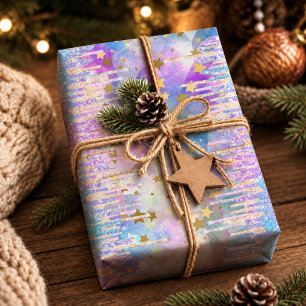 Papel De Presente Unicórnio Monograma com Glitter Azul Chic e Pingos