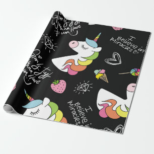 Papel De Presente Unicórnio, morango, abacaxi, desenhos de sorvete
