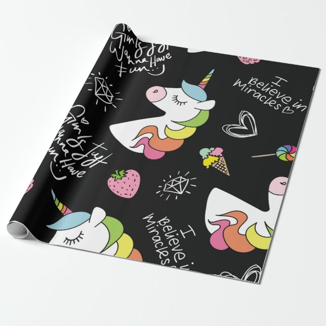 Papel De Presente Unicórnio, morango, abacaxi, desenhos de sorvete (Desenrolado)