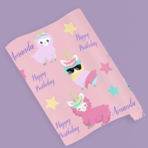 Papel De Presente Unicórnio Personalizado Llama Feliz Aniversário