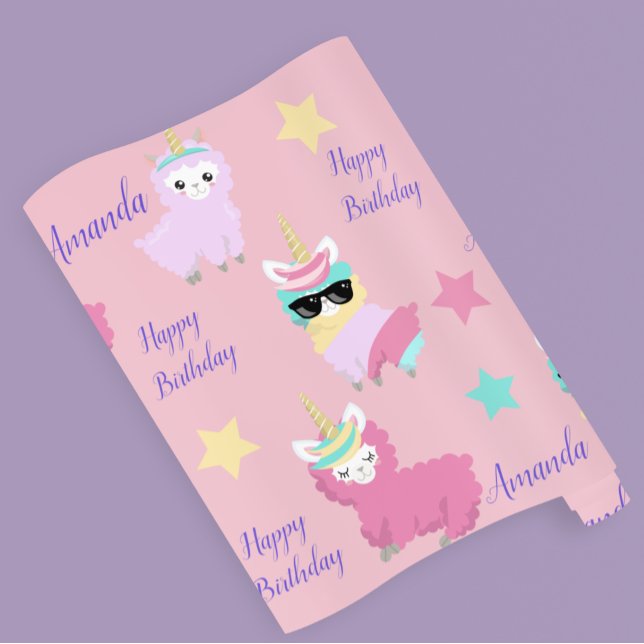 Papel De Presente Unicórnio Personalizado Llama Feliz Aniversário (Criador carregado)