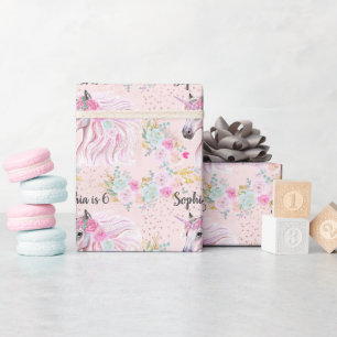 Papel De Presente Unicórnio Rosa Floral Brilho Dourado Nome Idade