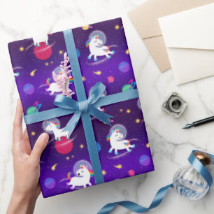 Papel De Presente Unicórnios Arco-íris No Espaço Roxo Ombre