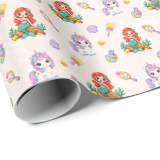 Papel De Presente Unicórnios Mágicos & Sereias