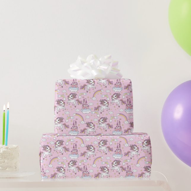 Papel De Presente Unicórnios Rosa e Castelos (Presentes para festas)