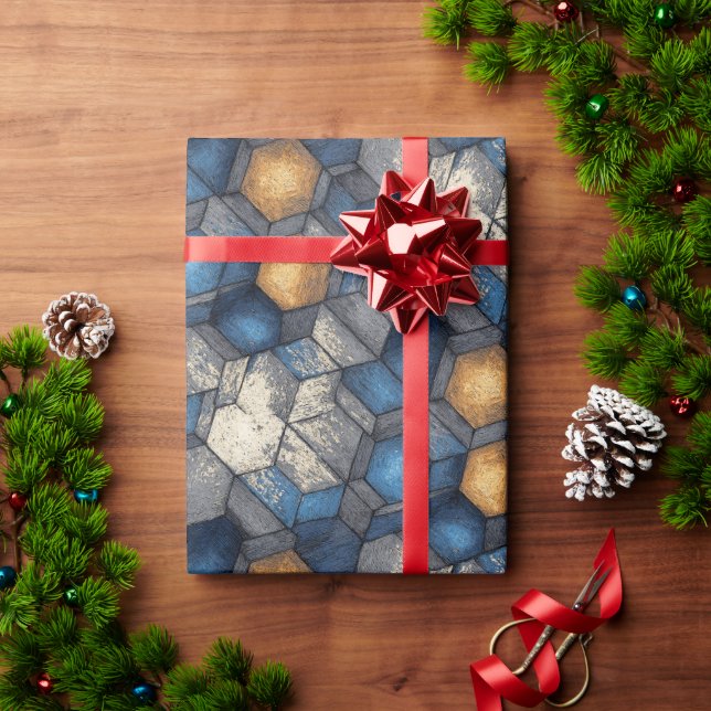 Papel de Presente Urbano Hexagonal Azul e Dourado (Presente de Natal)