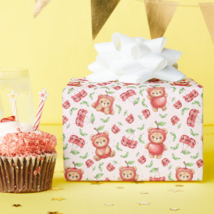 Papel De Presente Ursa Cereja Fofa e Frutas em Padrão Contínuo