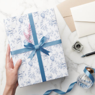 Papel De Presente Ursa de pelúcia Toile e floral azul baby shower